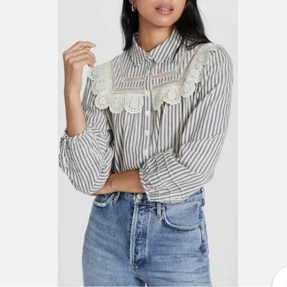 ba&sh Anael Striped Button Down Top with Cream Lace Accents